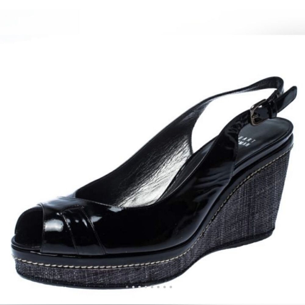 Stuart Weitzman Black Grey Patent Leather Wedge Slingback Peep Toe Heel Sz 8.5